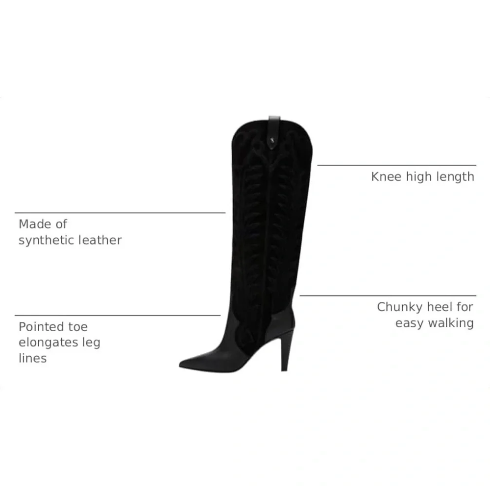 FSJ Black Over-the-Knee Western Boots with Stitch Detail